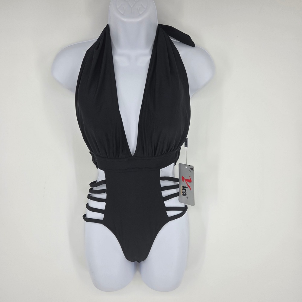Vira Womens Black Halter One Piece Swimsuit Strappy Side Cutout Monokini NEW
